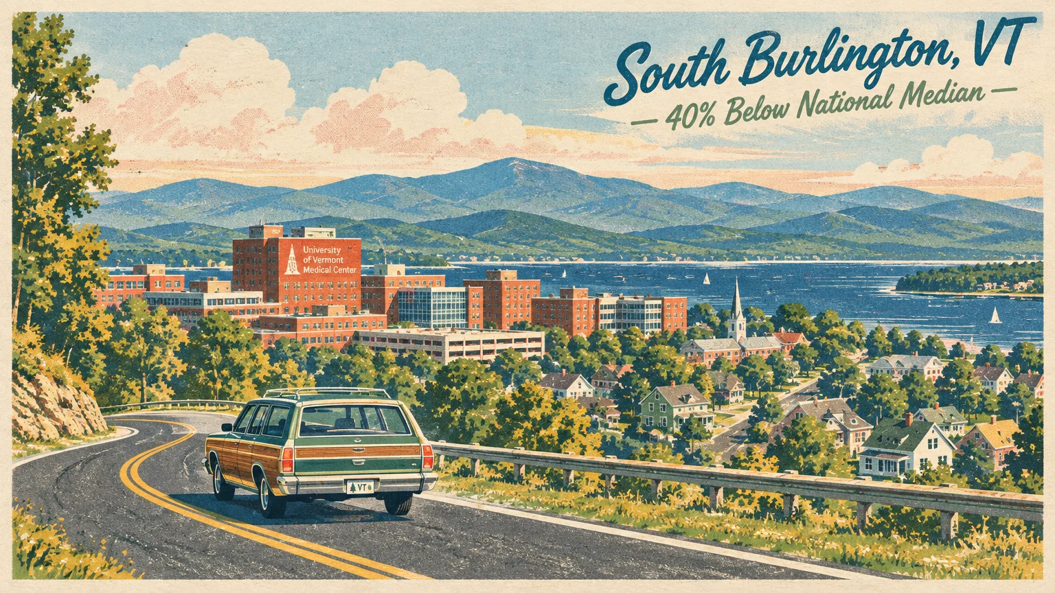 Retro illustration of a station wagon driving down a road overlooking South Burlington, Vermont, Lake Champlain, and mountains.