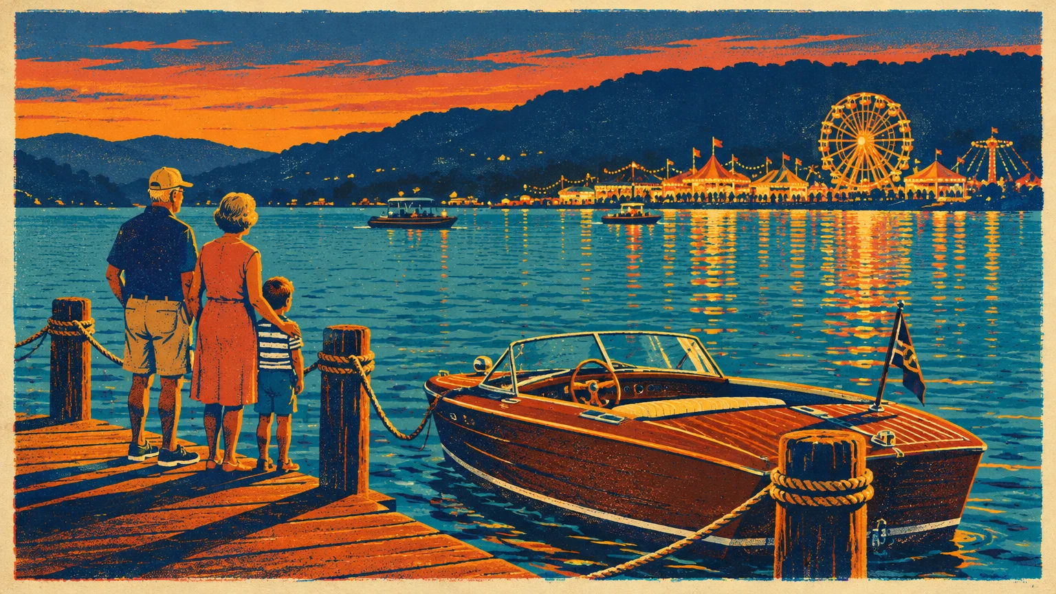 Grandparents and a boy stand on a dock by a wooden boat, looking at an illuminated amusement park across a lake at sunset.