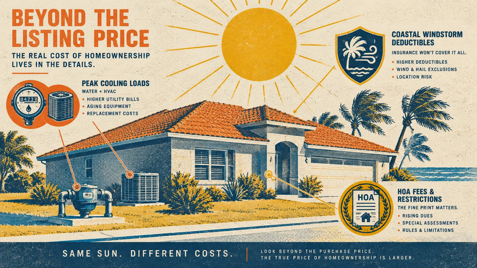 Illustration of a sunny coastal house with infographics highlighting cooling loads, insurance deductibles, and HOA fees.