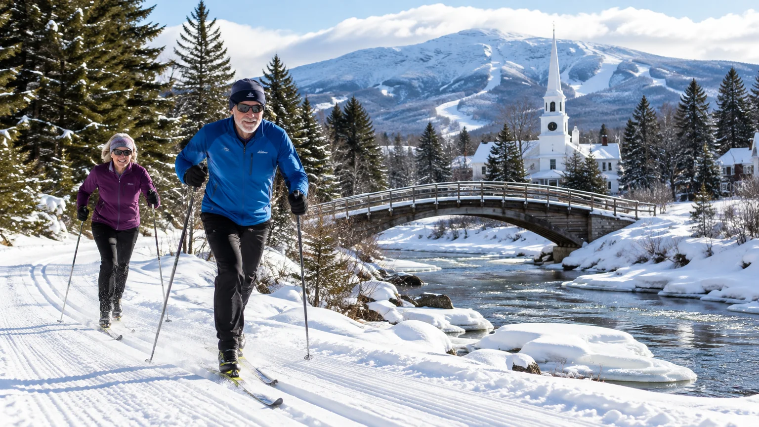 An older couple cross-country skis along a snowy river path near a wooden bridge, white church steeple, and mountain.