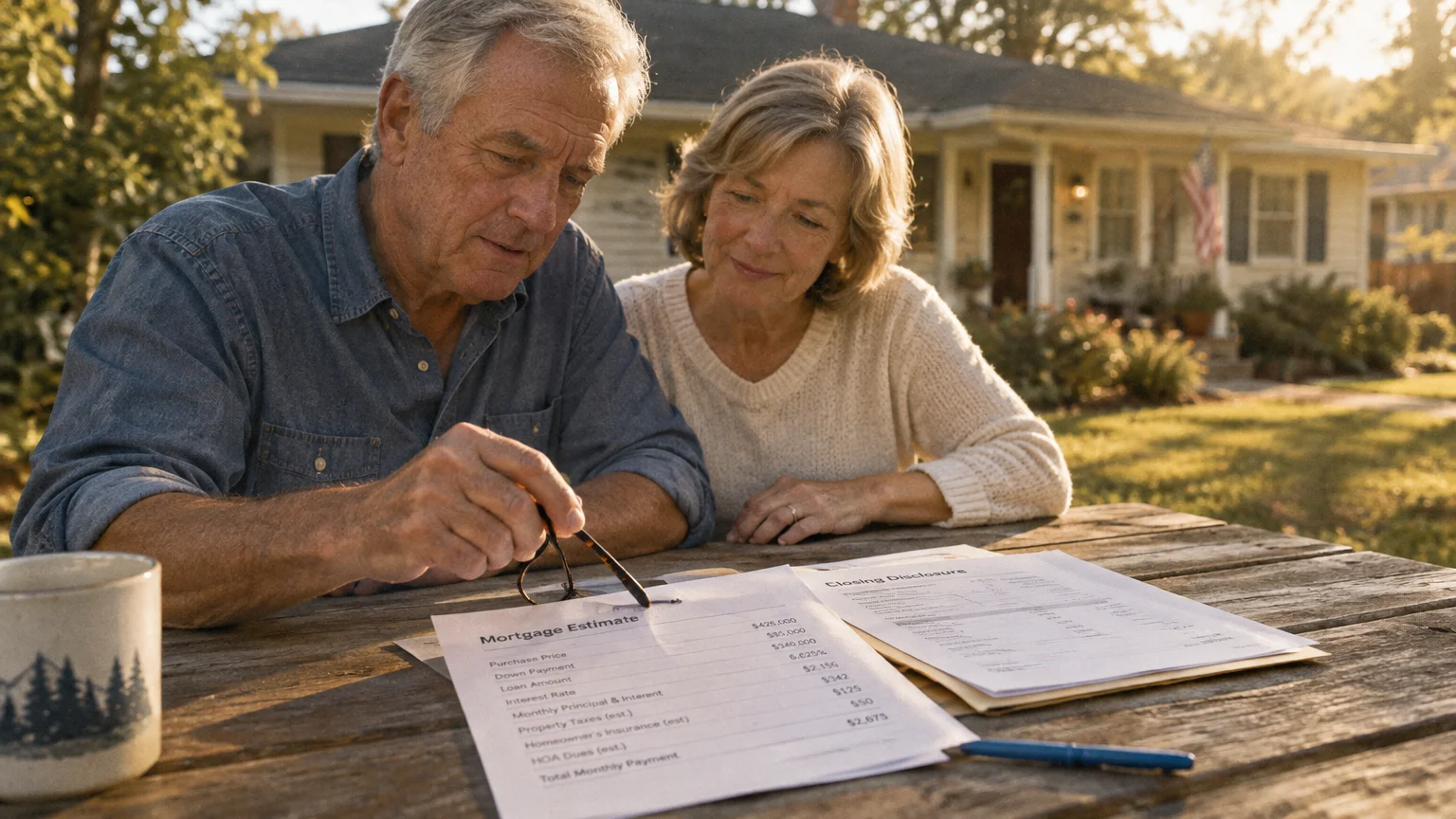 Older couple reviewing a mortgage estimate document outside on a wooden picnic table in front of their home.