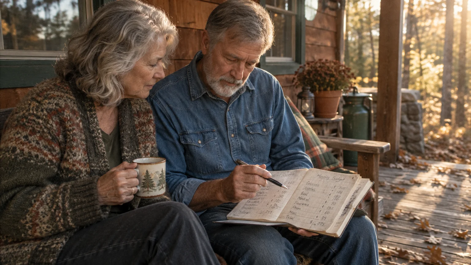 An older couple sits on a wooden cabin porch reviewing handwritten budget figures in an open notebook together.
