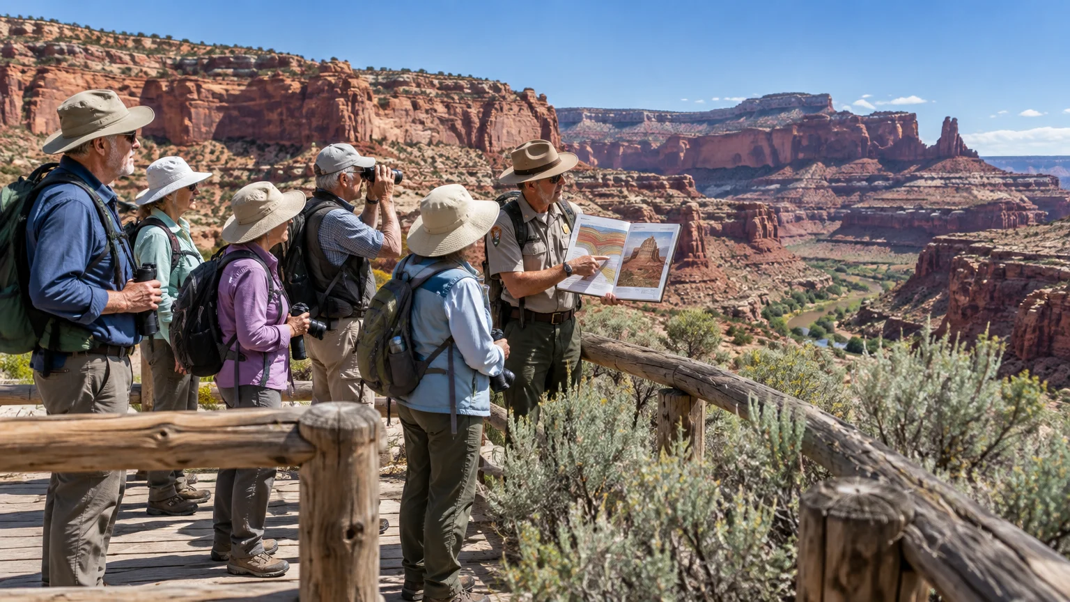 A park ranger shows an educational book to five senior hikers overlooking a red rock canyon.