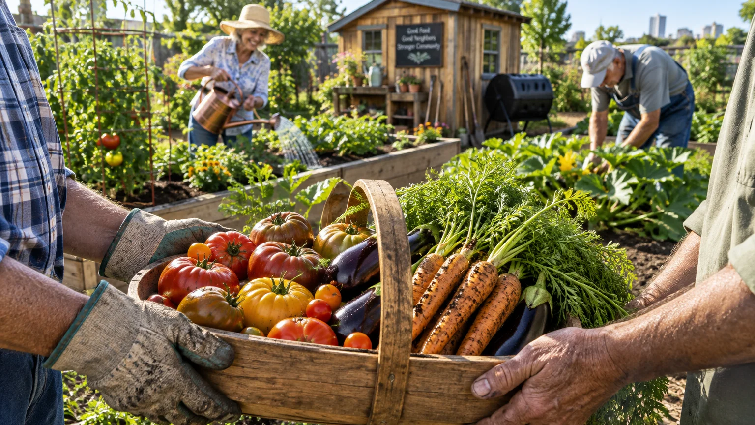 Gardeners holding a wooden basket filled with fresh tomatoes, carrots, and eggplants in a sunny community garden.