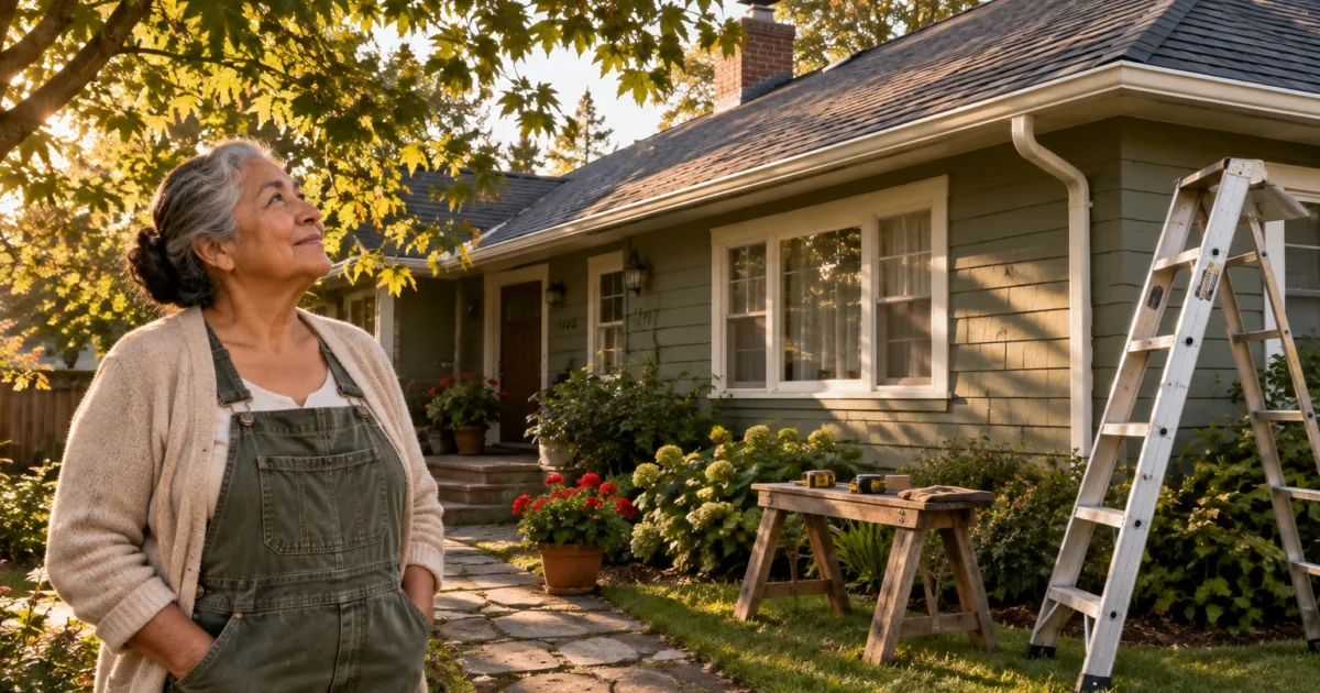 An older woman in overalls looks up beside her single-story house with a ladder and workbench on the front lawn.
