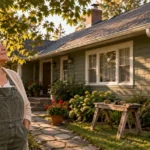 An older woman in overalls looks up beside her single-story house with a ladder and workbench on the front lawn.