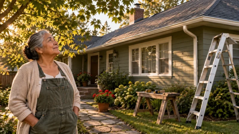An older woman in overalls looks up beside her single-story house with a ladder and workbench on the front lawn.