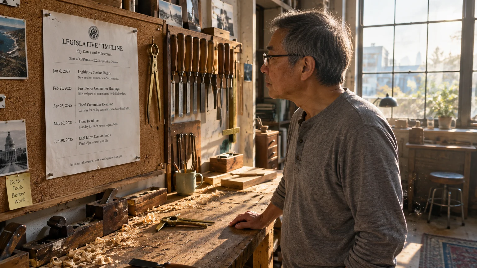 A man wearing glasses in a woodworking workshop reads a legislative timeline poster pinned to a corkboard.