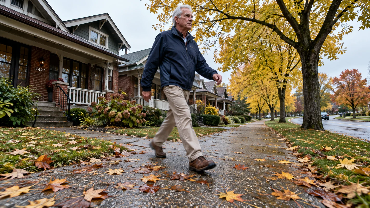 An older man walks briskly along a leaf-covered neighborhood sidewalk lined with autumn trees and brick houses.