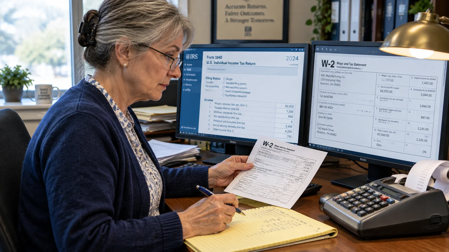 Older woman with glasses at a desk reviewing tax documents in front of two computer monitors showing IRS Form 1040 and W-2.