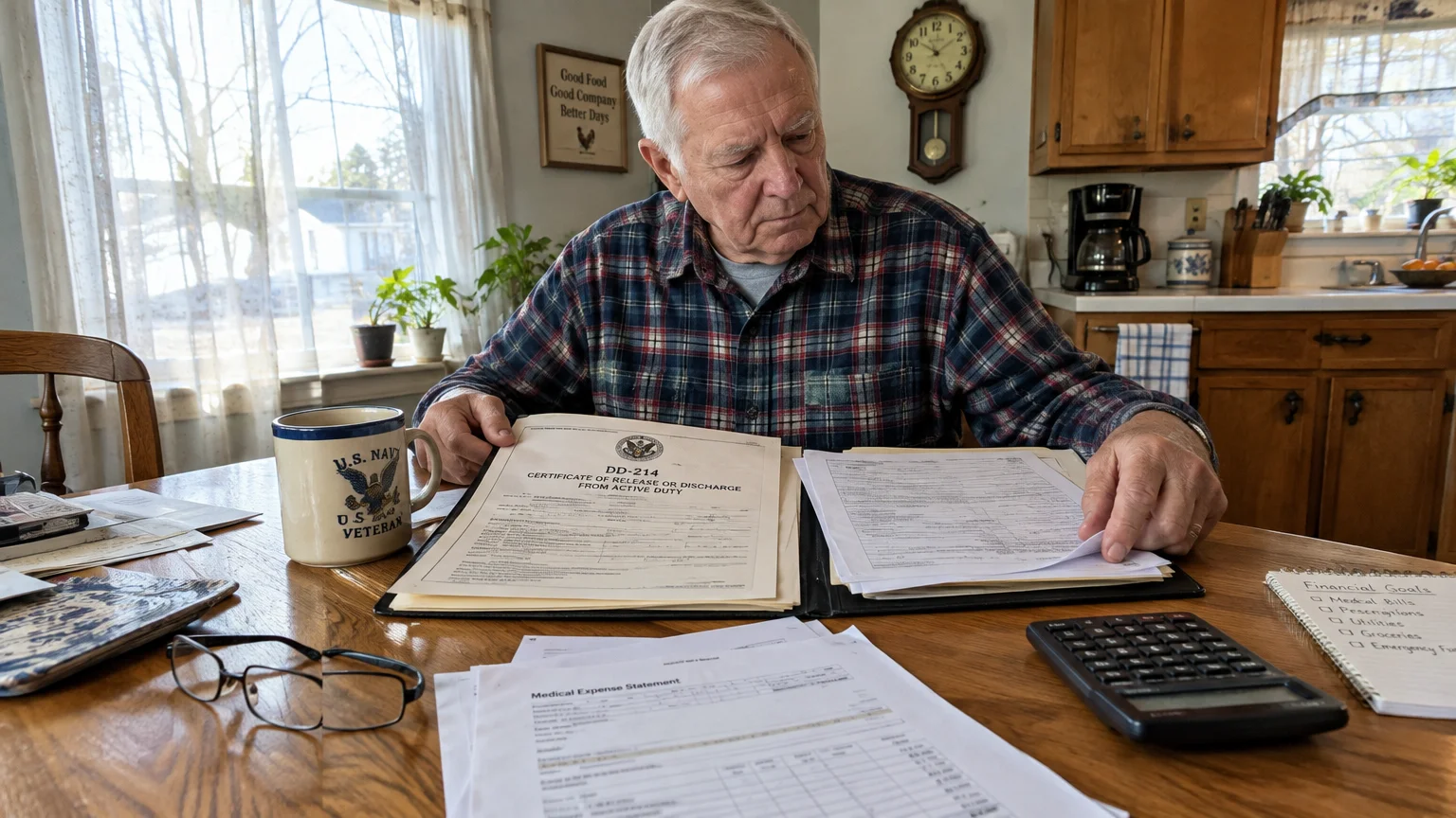 An older man reviews his military discharge papers and financial documents at a sunlit kitchen table with a calculator.