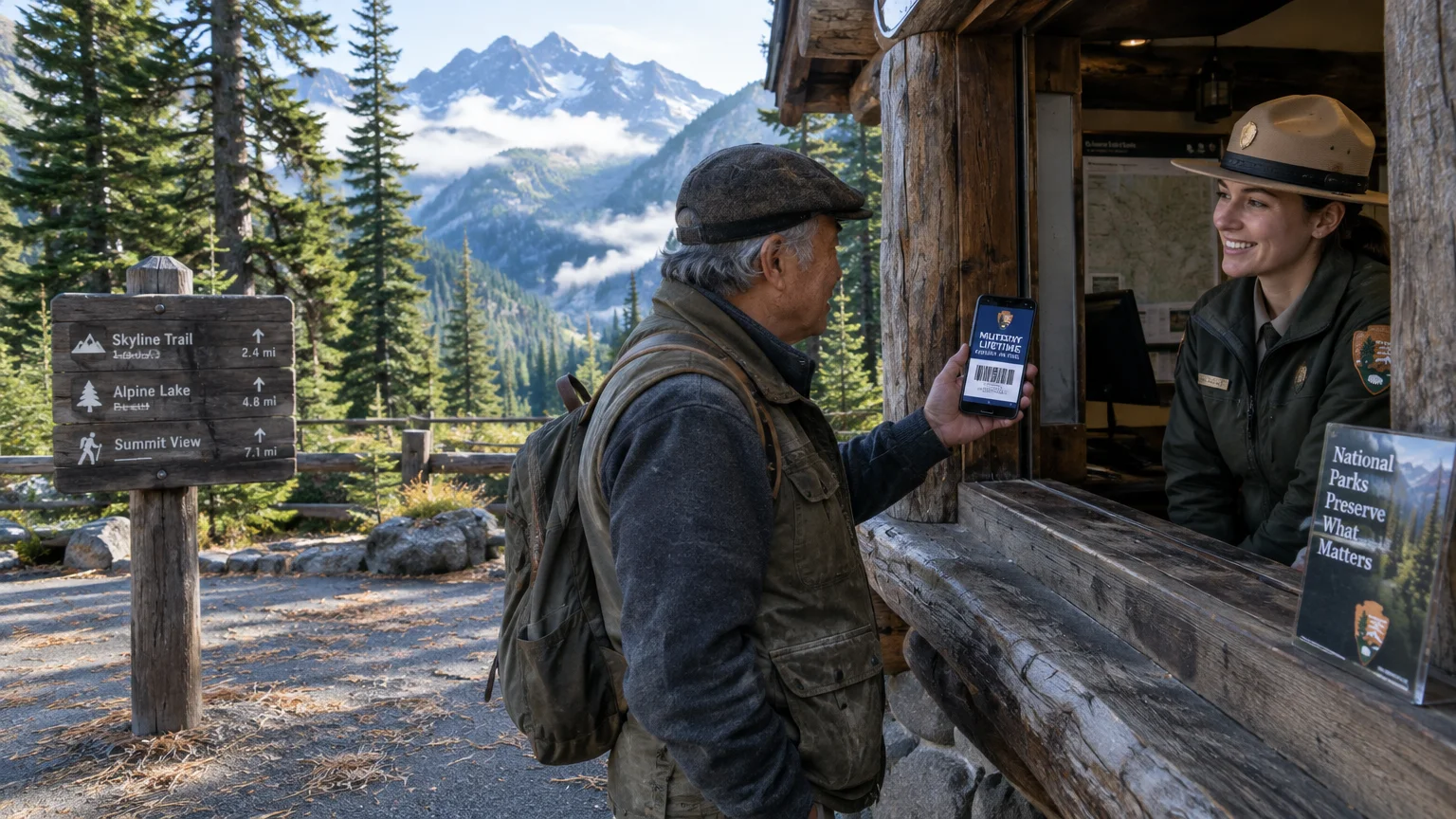 A man holds up a digital pass on his smartphone to a smiling park ranger at a wooden entrance booth in the mountains.