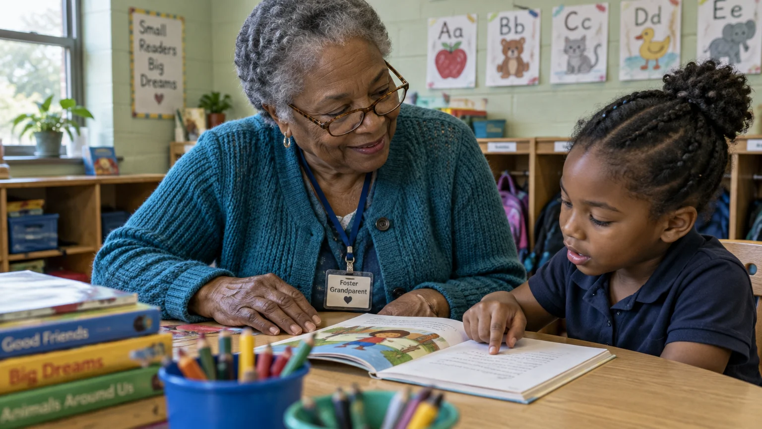 An older woman wearing a Foster Grandparent badge sits beside a young girl reading a book at a classroom table.