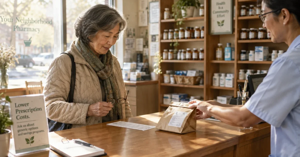 Senior woman standing at a pharmacy counter as a pharmacist hands her a brown paper prescription bag.