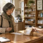 Senior woman standing at a pharmacy counter as a pharmacist hands her a brown paper prescription bag.