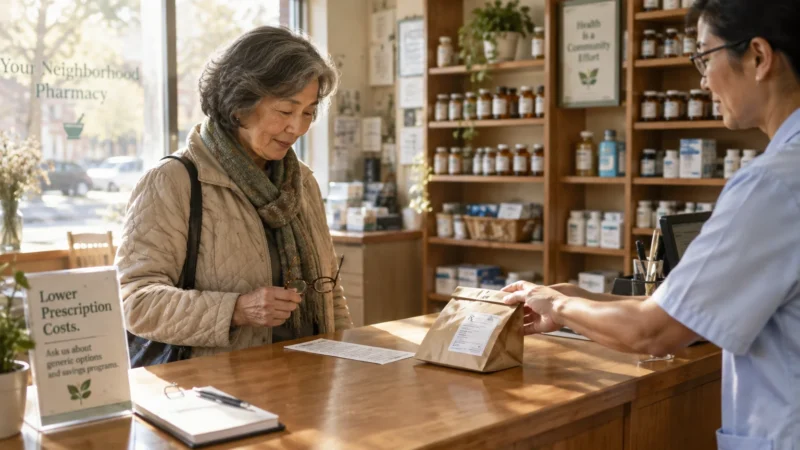 Senior woman standing at a pharmacy counter as a pharmacist hands her a brown paper prescription bag.