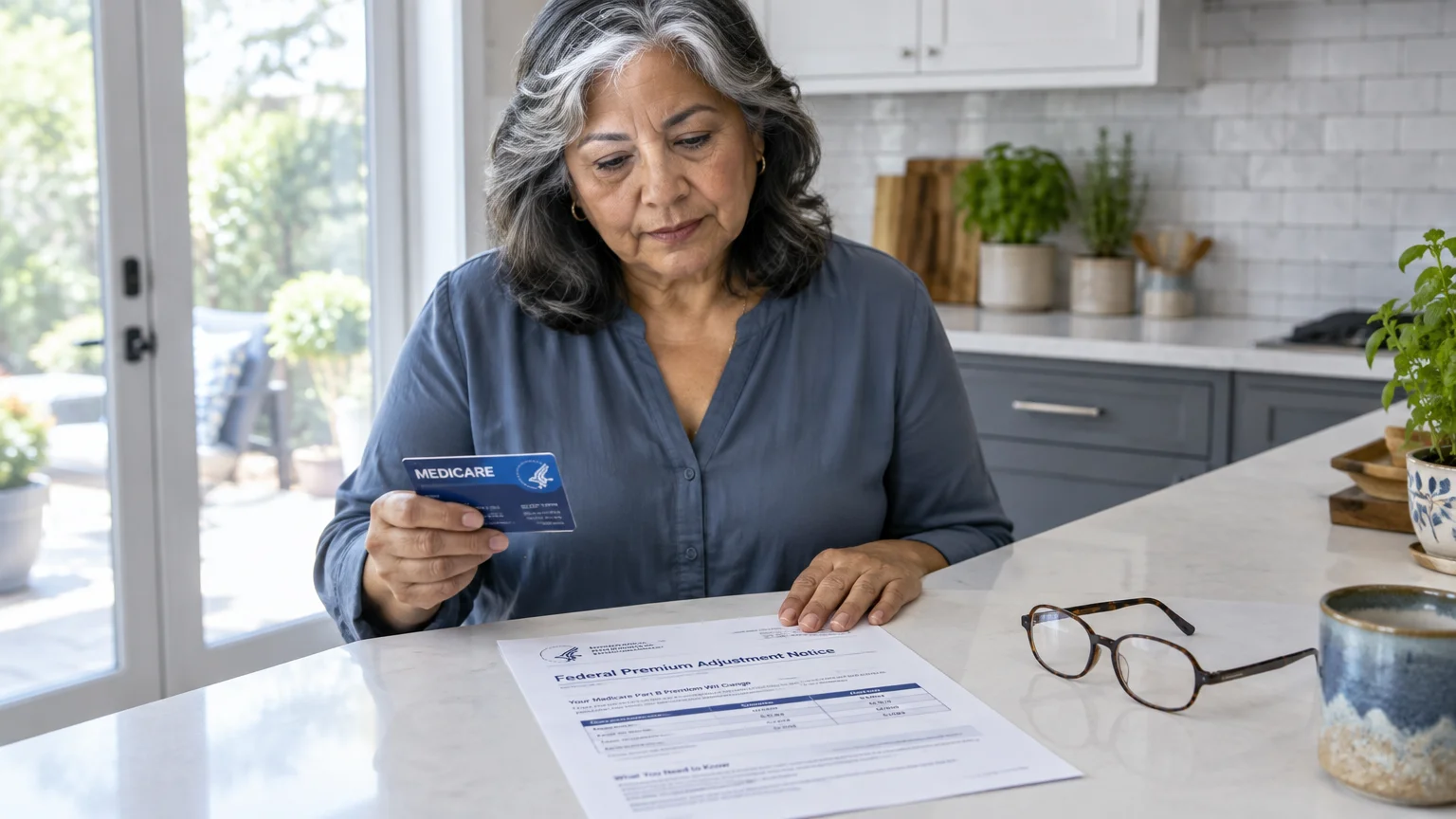 A mature woman in a kitchen looks down while holding a blue Medicare card next to a federal premium adjustment notice.