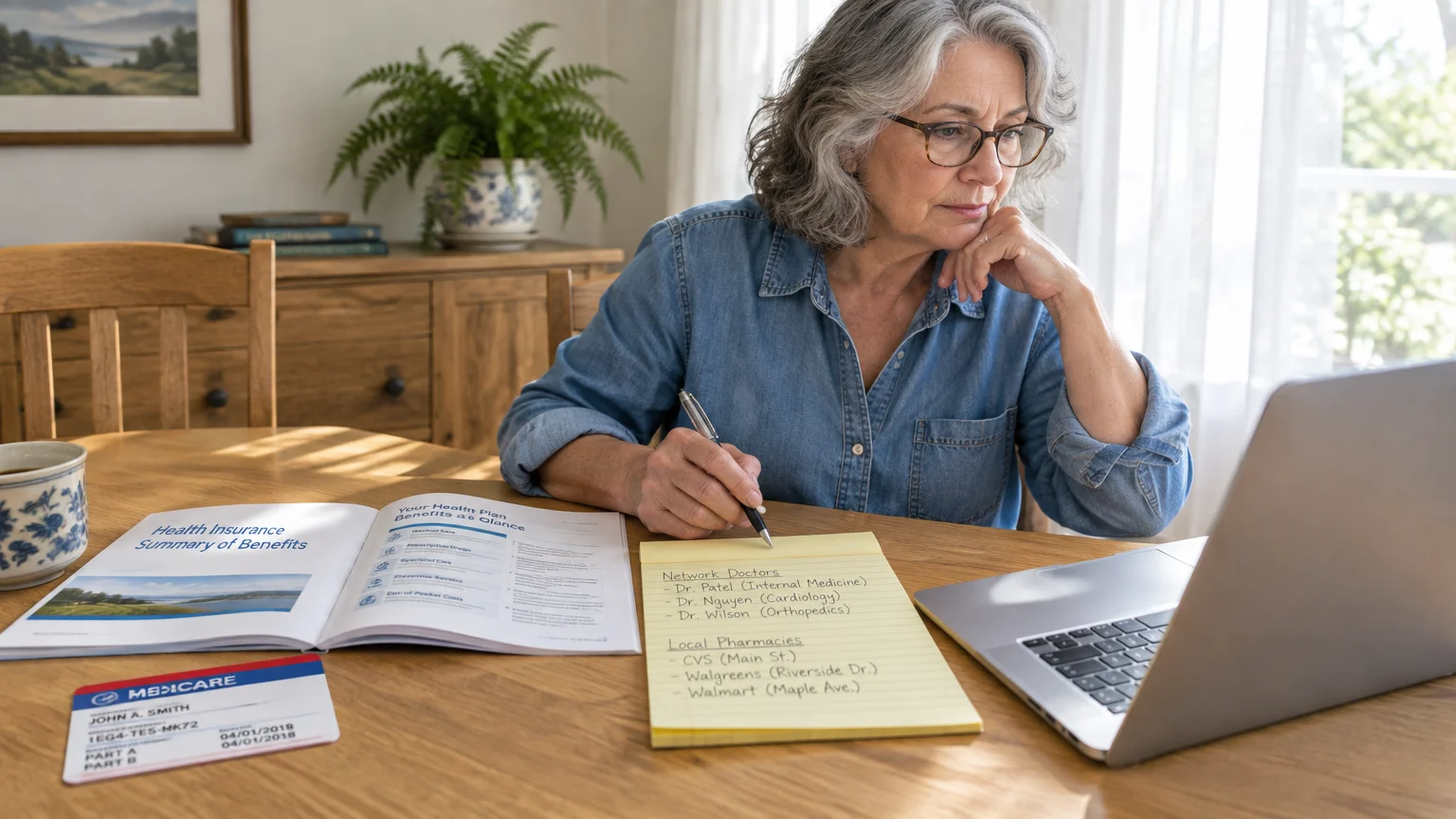 A woman sits at a table with a laptop, Medicare card, health plan booklet, and handwritten notes.