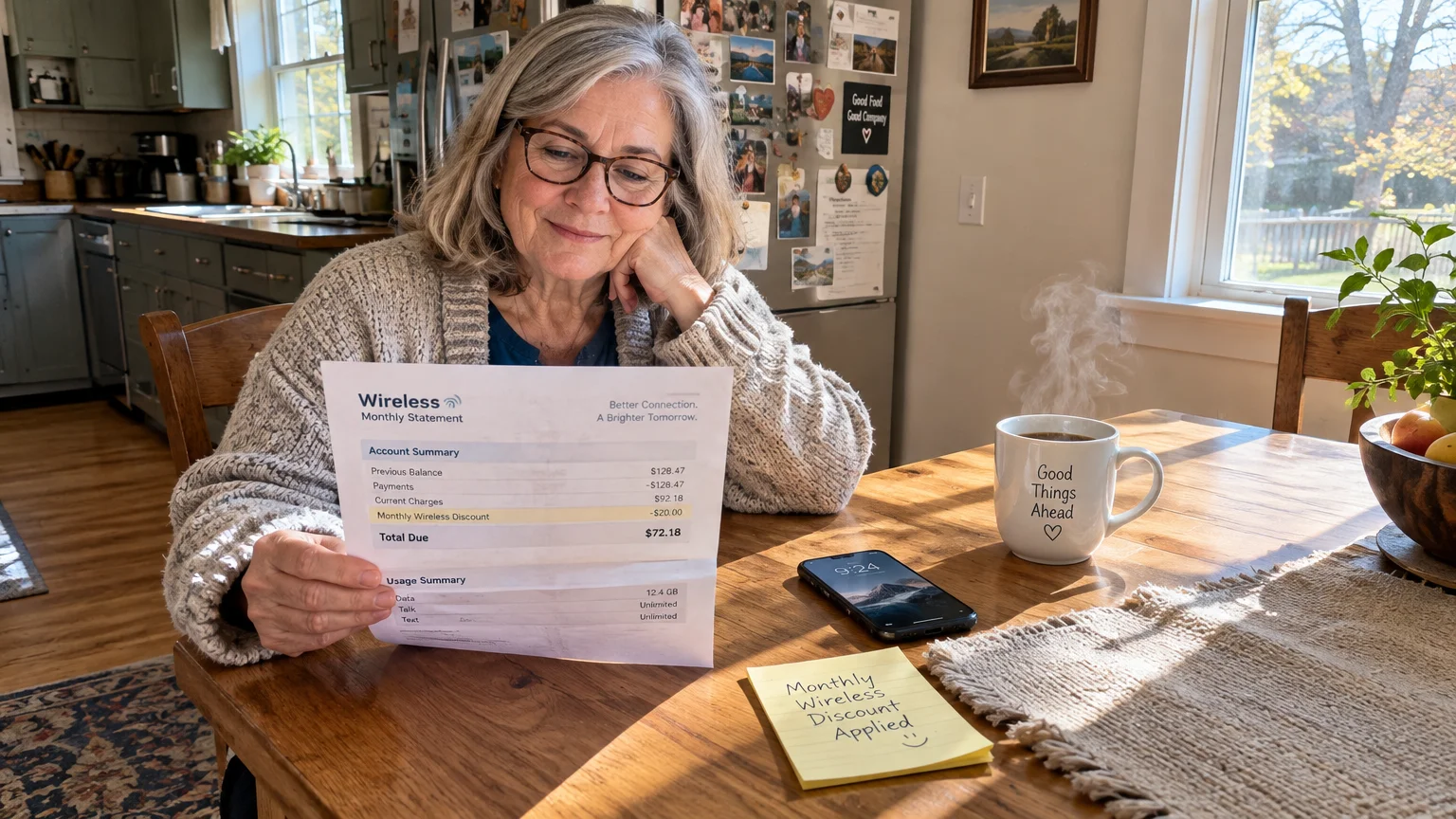A smiling older woman sitting at a kitchen table looking at a wireless monthly statement next to a phone and coffee mug.