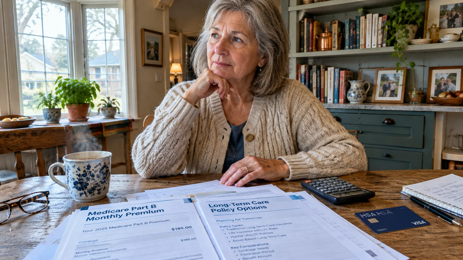 A senior woman sits at a wooden table with Medicare Part B documents, a calculator, and an HSA debit card.