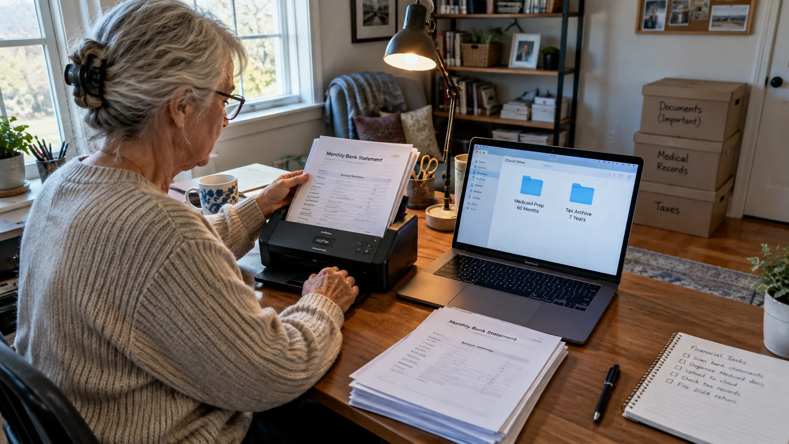 Senior woman sitting at a desk feeding paper bank statements into a document scanner beside an open laptop.