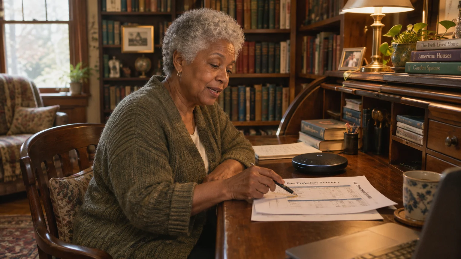 Senior woman sitting at a rolltop wooden desk reviewing a printed tax summary document with a pen.