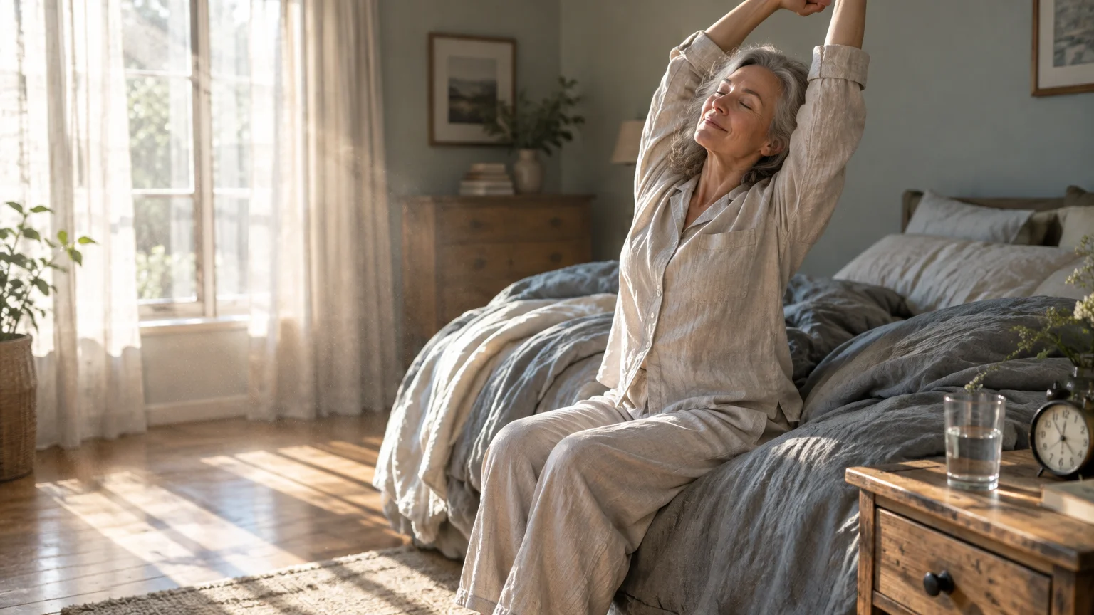 Mature woman in linen pajamas sitting on a bed and stretching her arms upward in a sunlit bedroom.