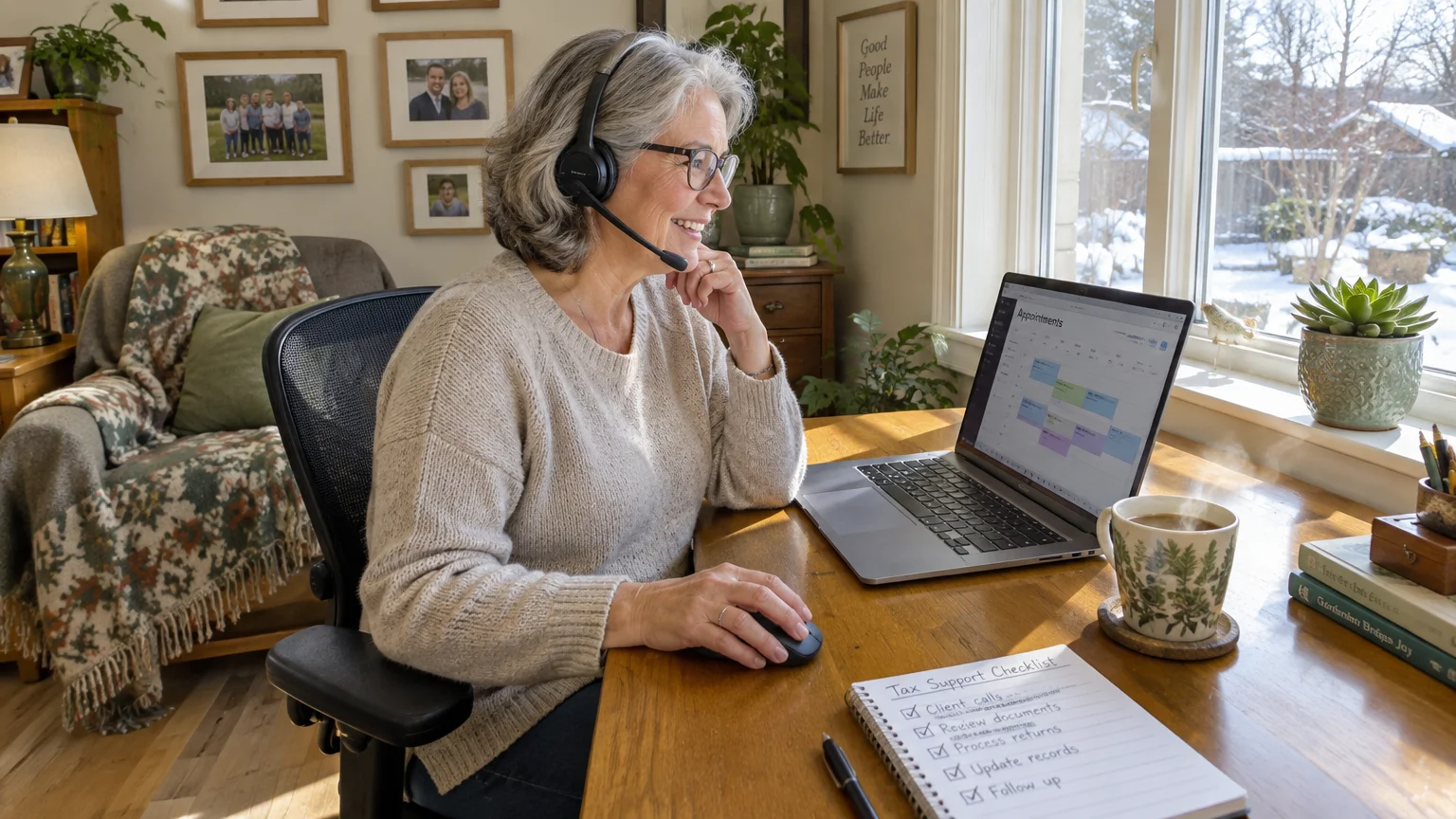 A smiling older woman wearing a headset works on a laptop at a wooden desk by a snowy window.