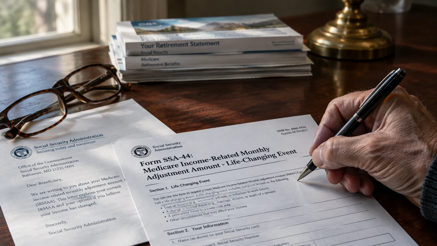 Hand holding a pen over Social Security Form SSA-44 on a wooden desk next to eyeglasses and paperwork.