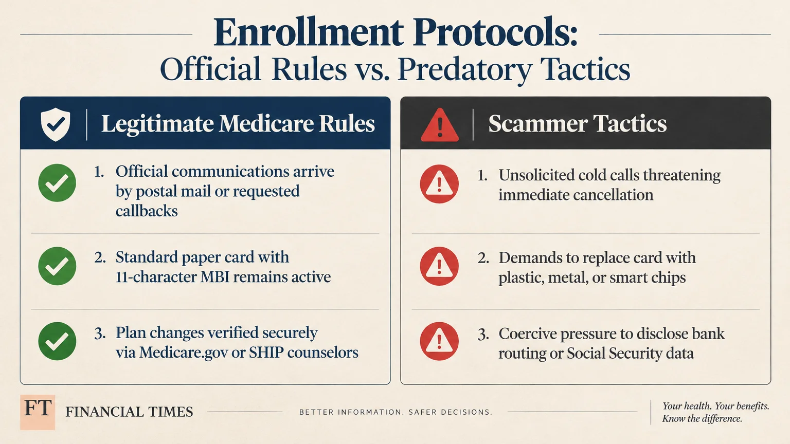 Side-by-side comparison chart contrasting three legitimate Medicare rules with three predatory scammer tactics.