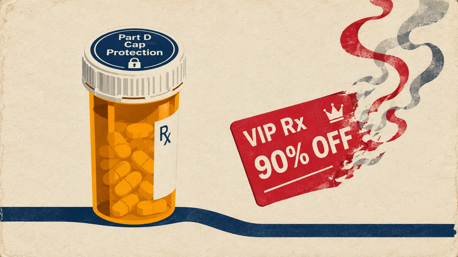 Prescription bottle labeled Part D Cap Protection beside a burning red VIP Rx discount card emitting smoke.
