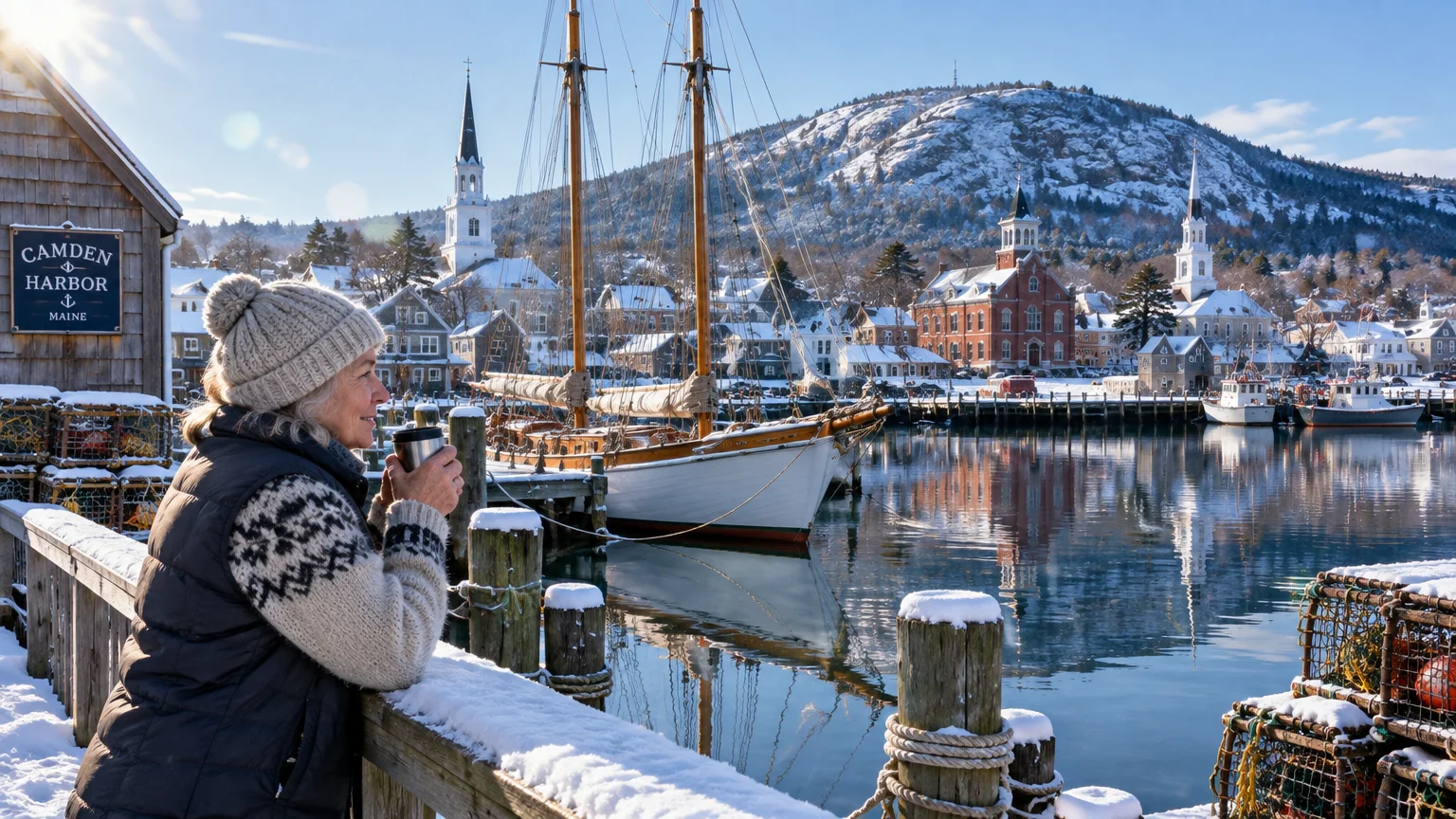 A woman holding a mug stands at a snowy harbor railing looking out at moored sailboats and a snow-covered coastal town.