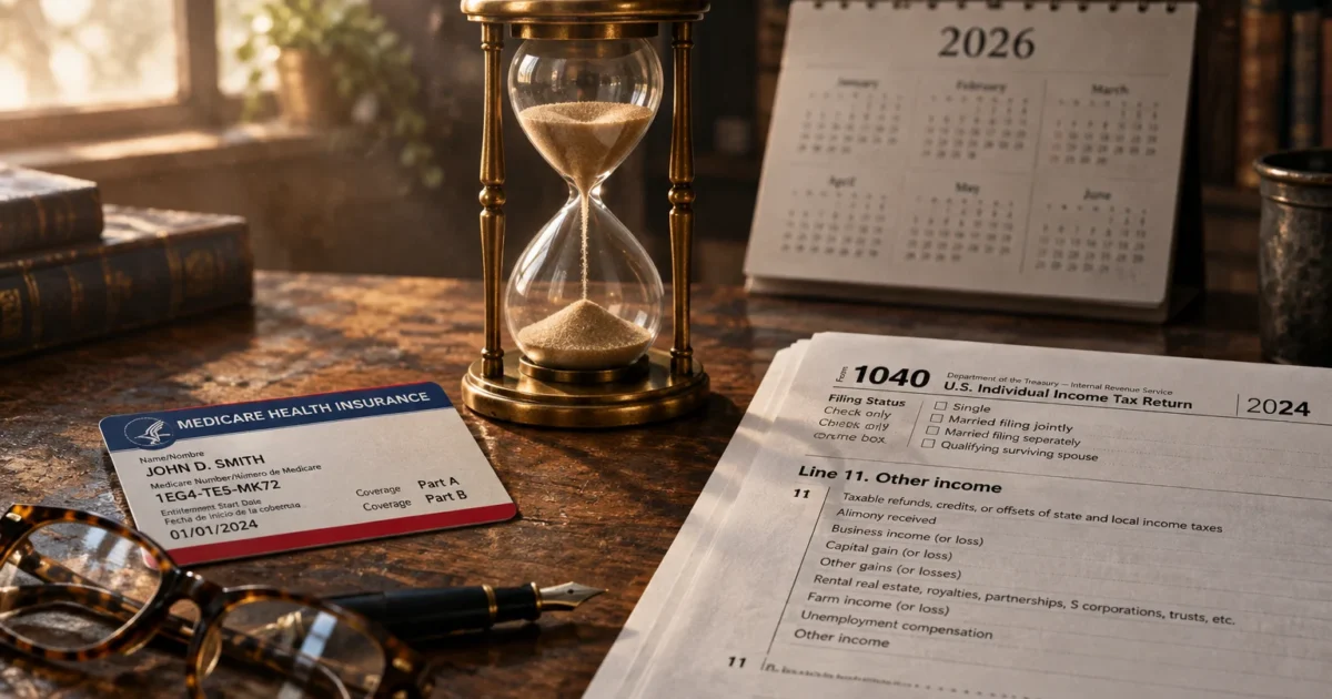 A Medicare card, hourglass, 2024 Form 1040 tax return, and a 2026 desk calendar resting on a wooden desk.