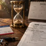 A Medicare card, hourglass, 2024 Form 1040 tax return, and a 2026 desk calendar resting on a wooden desk.