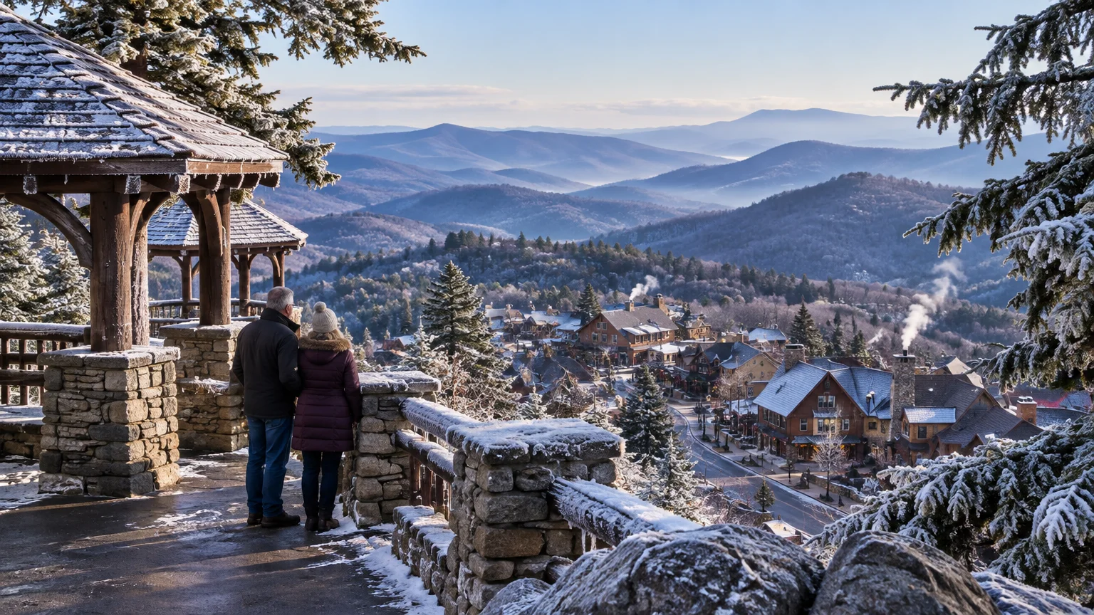 Couple in winter coats standing at a snowy stone gazebo overlooking a mountain town surrounded by layered blue ridges.