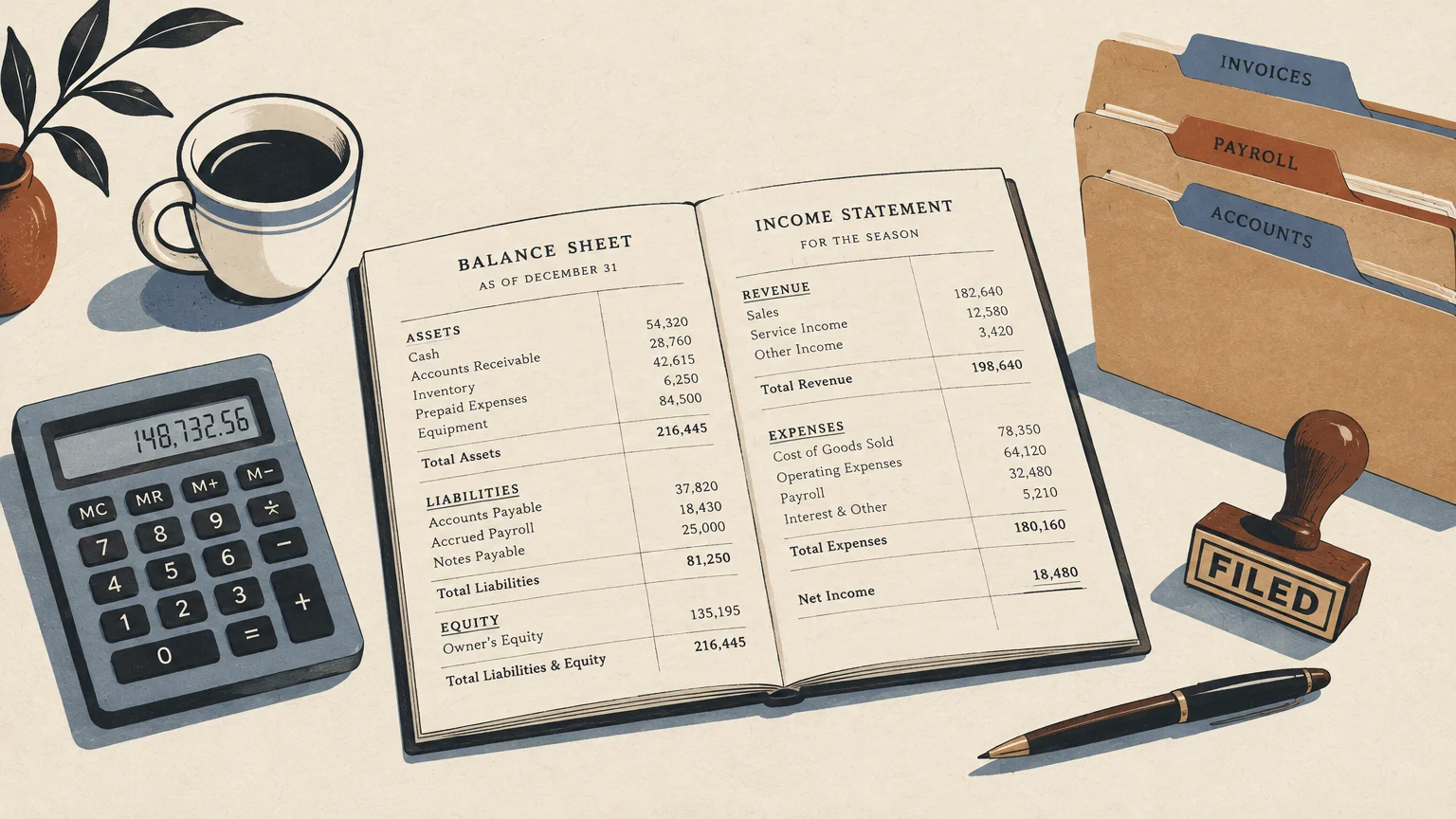 Illustration of an open ledger showing financial statements next to a calculator, coffee cup, pen, and file folders.
