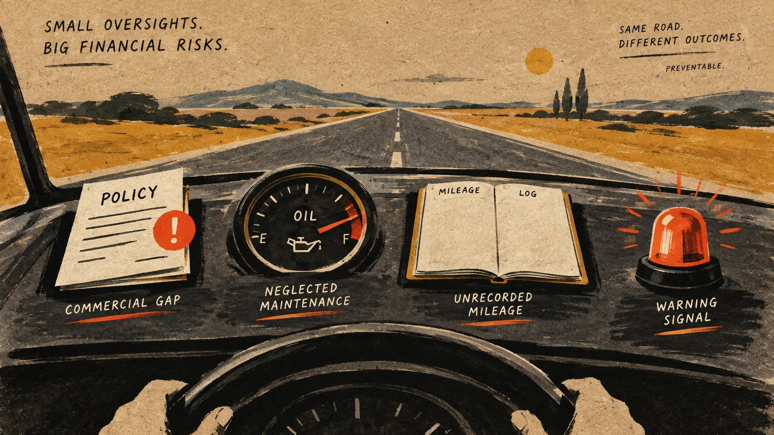 Illustration from driver's perspective showing dashboard icons for insurance gap, low oil, mileage log, and red siren.