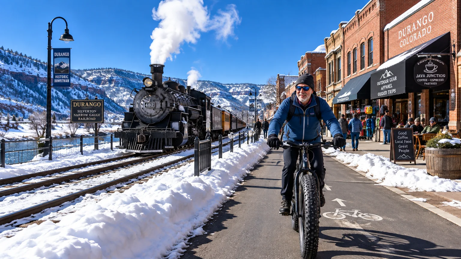 A man rides a bicycle along a cleared path next to a steaming historic train and snow-covered tracks in a mountain town.