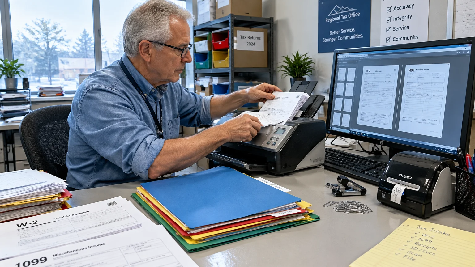 Older man feeding paper tax forms into a desktop scanner beside a monitor displaying scanned W-2 and 1099 documents.