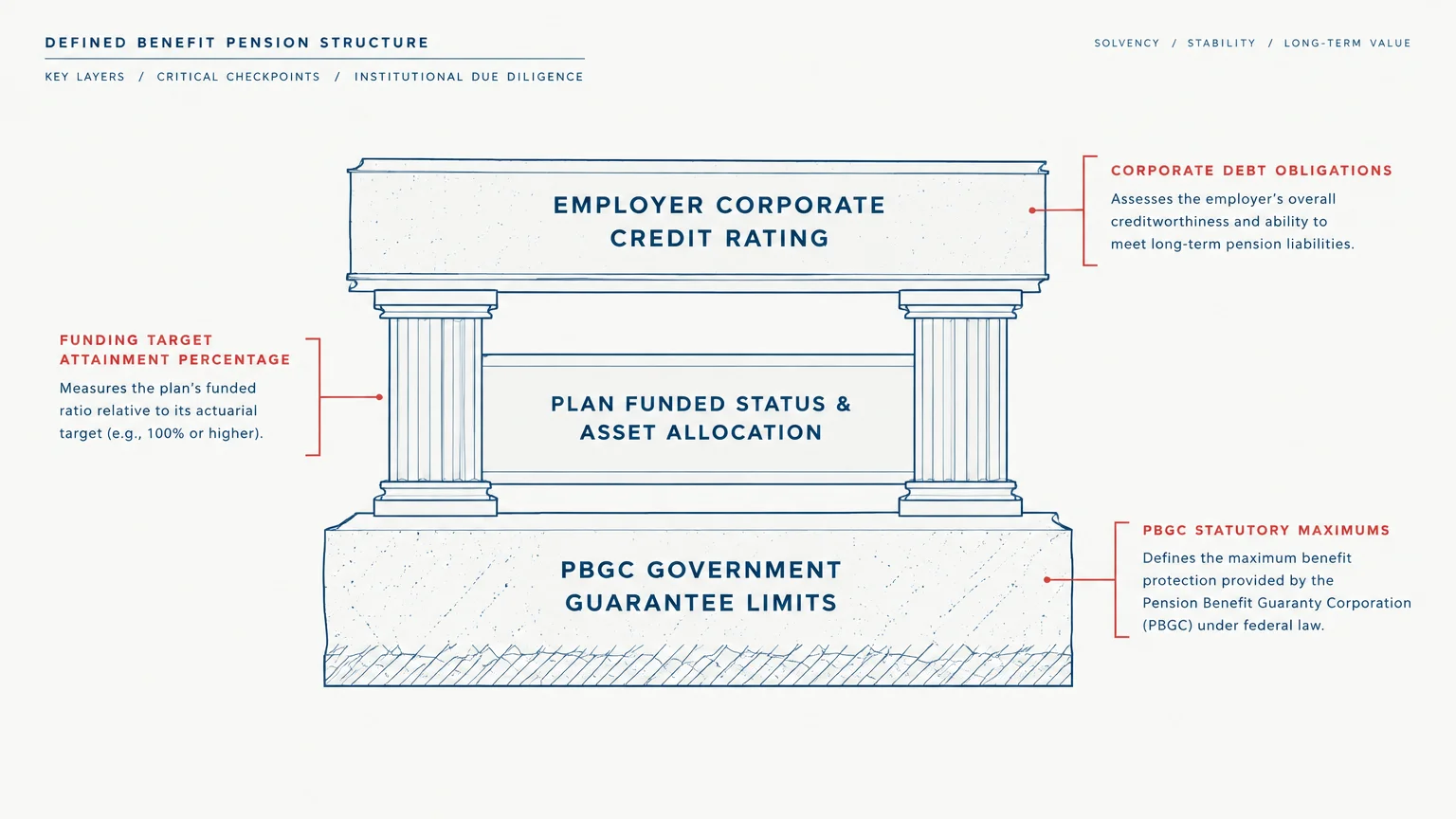 Architectural diagram of a temple structure detailing pension layers: credit rating, funded status, and PBGC guarantee limits.