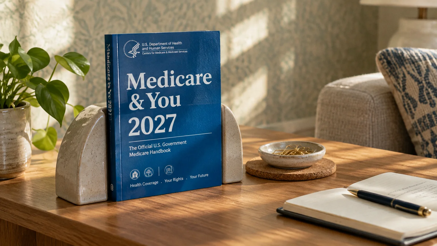 Blue Medicare & You 2027 handbook between stone bookends on a wooden desk beside an open notebook and pen.