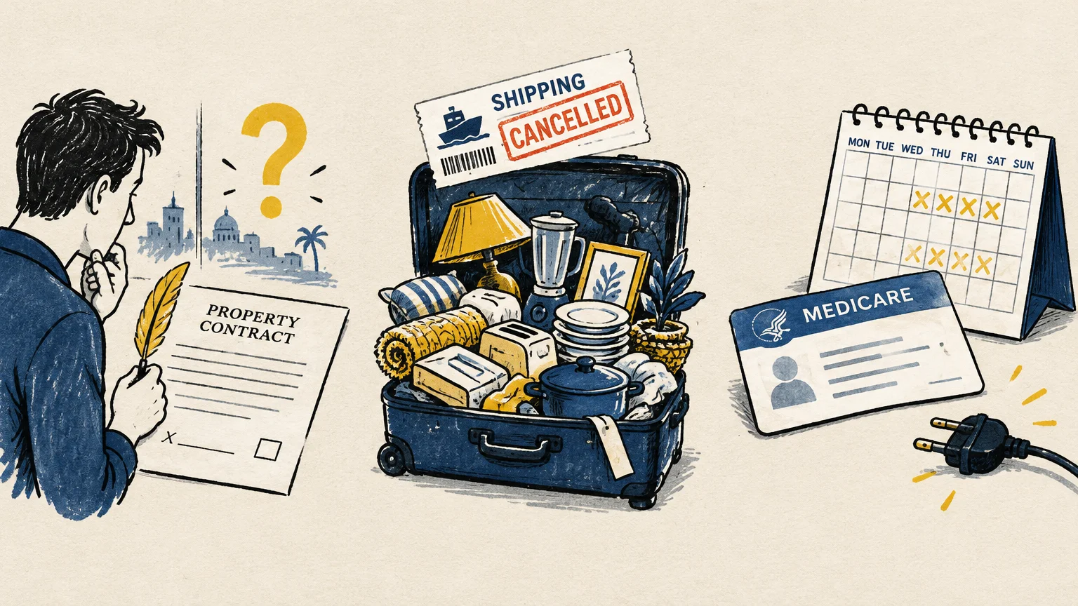 A man reviews a property contract beside a suitcase full of household goods, a calendar, and a Medicare card.