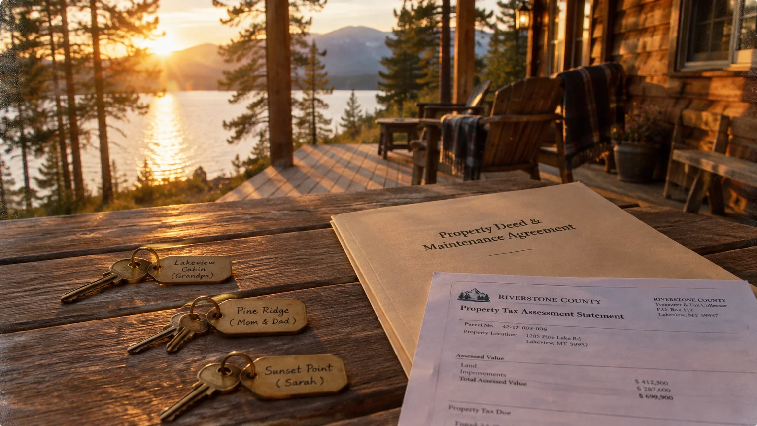 Keys with engraved tags, a property deed folder, and a tax statement on a rustic deck overlooking a lake at sunset.