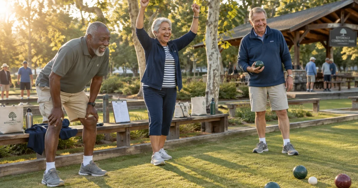 Three smiling older adults cheer while playing bocce ball on an outdoor grass court in a park.