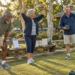 Three smiling older adults cheer while playing bocce ball on an outdoor grass court in a park.