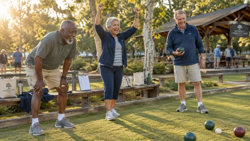 Three smiling older adults cheer while playing bocce ball on an outdoor grass court in a park.