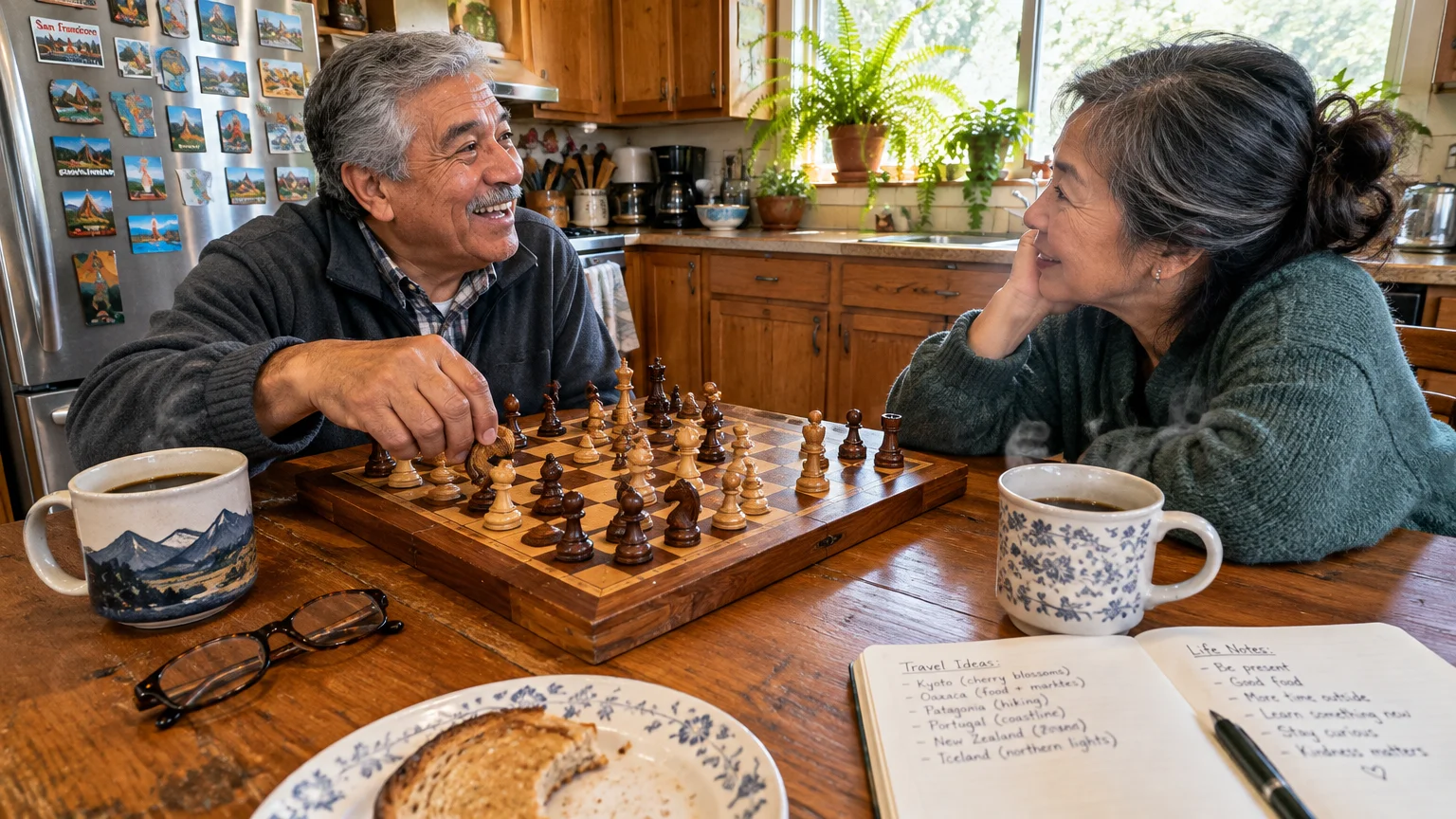 An older man and woman smile across a wooden kitchen table while playing chess with mugs of coffee nearby.