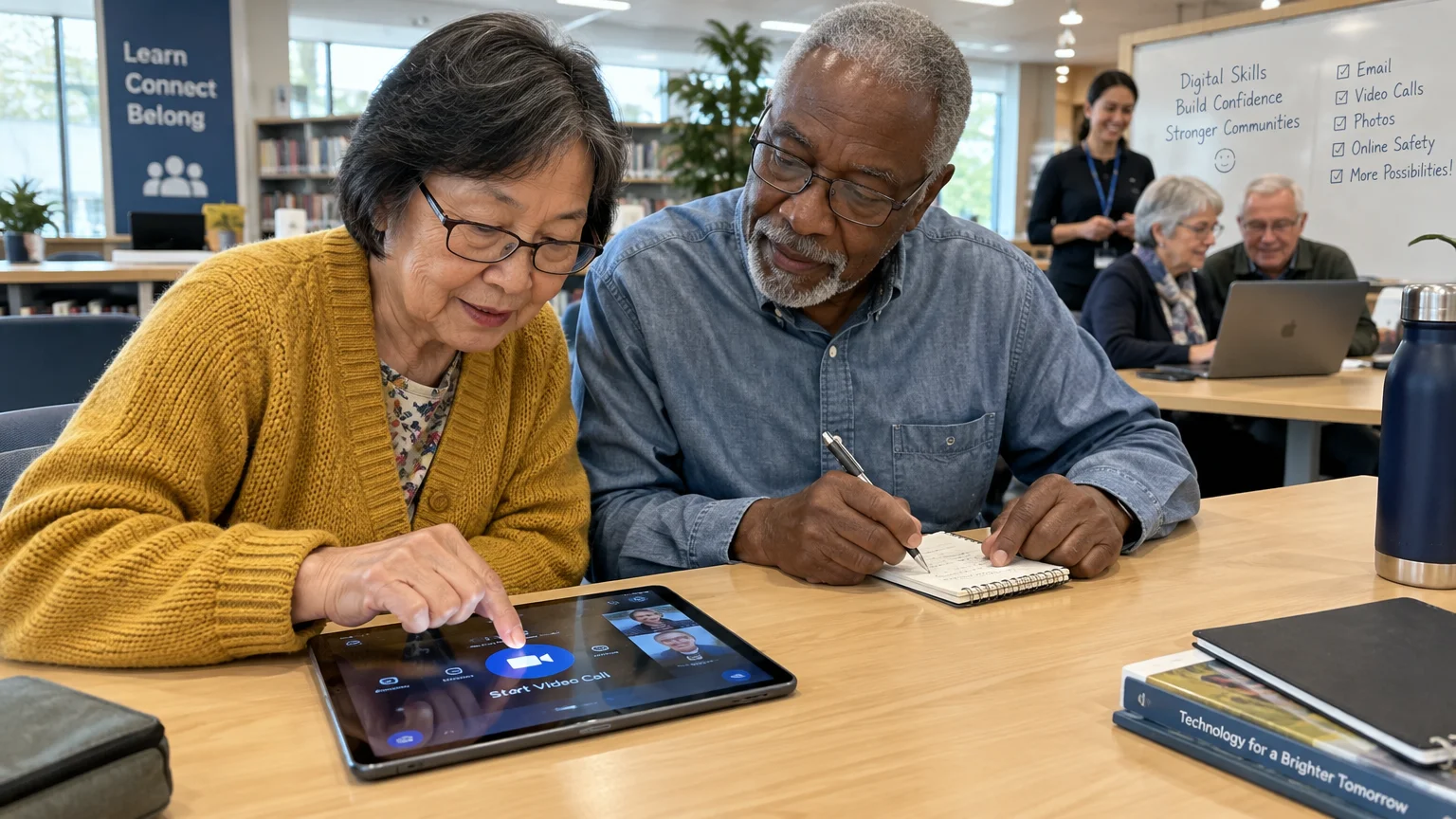 An older woman and man sit at a table looking at a tablet screen displaying a video call app in a classroom.