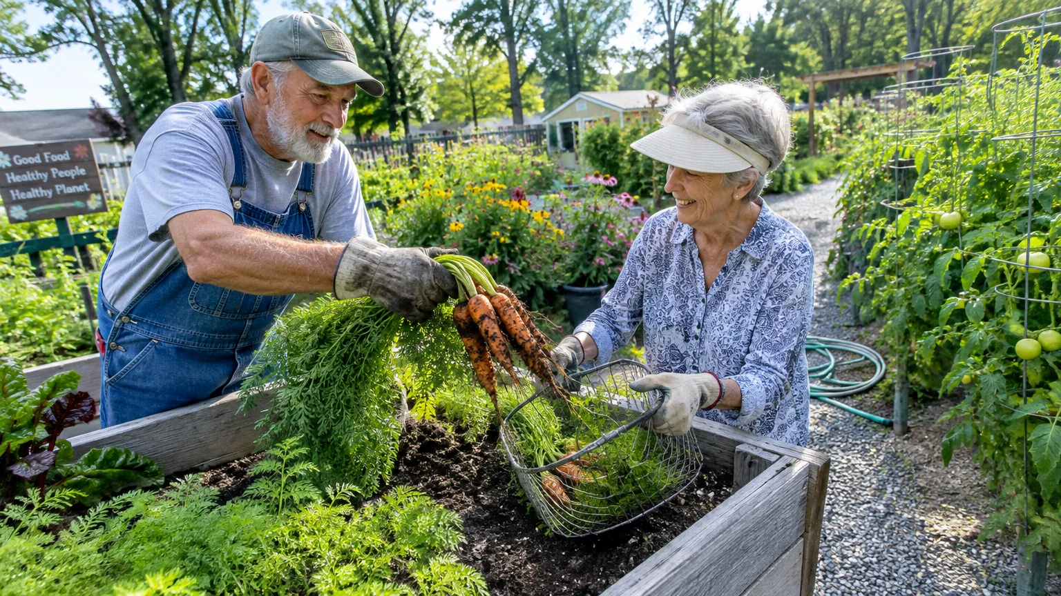 An older man in overalls and a woman in a visor harvest fresh carrots together from a raised garden bed.