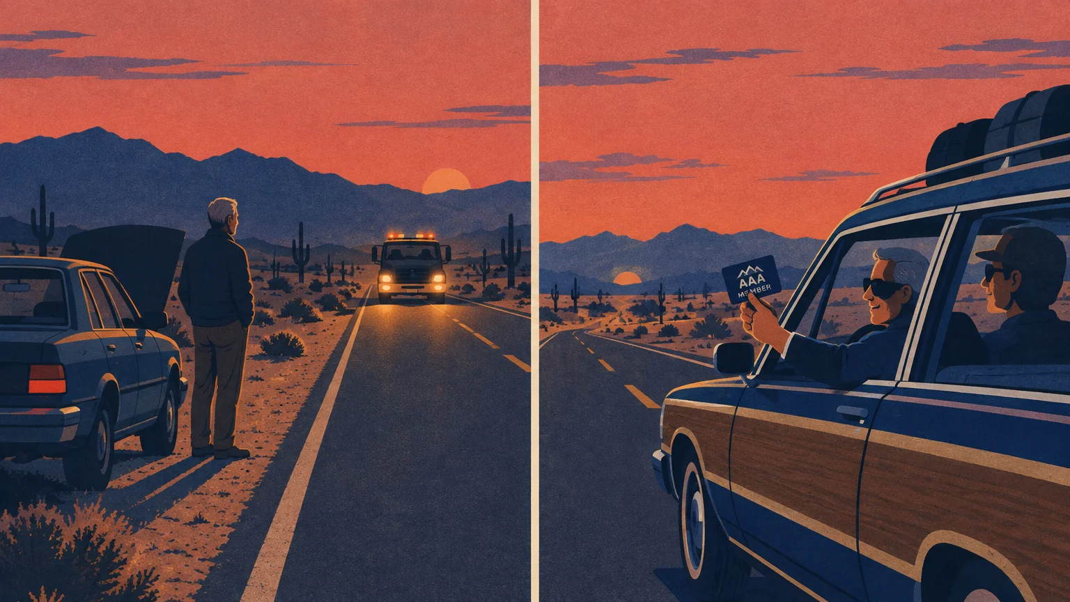 Split illustration of a stranded driver awaiting a tow truck and motorists driving while holding up a AAA membership card.